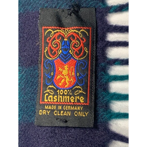 100% Cashmere Plaid Check Pattern Scarf Made in Germany Blue Green Winter Cozy - Picture 3 of 7